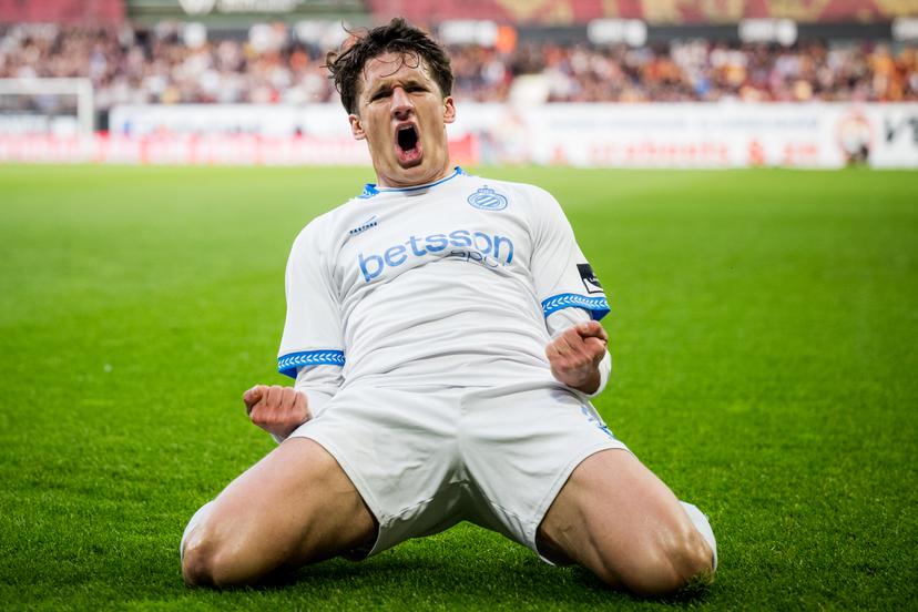 Club's Christos Tzolis celebrates after scoring during a soccer match between KV Mechelen and Club Brugge KV, Thursday 21 May 2026 in Mechelen, on the ninth day of the Champion's Play-offs of the 2025-2026 'Jupiler Pro League' first division of the Belgian championship. BELGA PHOTO JASPER JACOBS