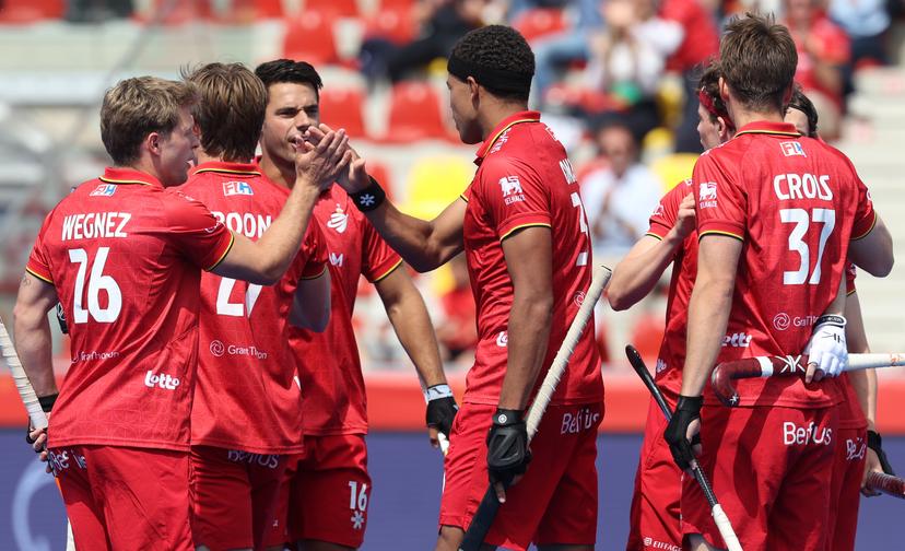 Belgium's Nelson Onana celebrates after scoring during a hockey game between Belgian national team Red Lions and Pakistan, Saturday 13 June 2026 in Ottignies-Louvain-la-Neuve, match 9/16 in the group stage of the men's FIH Pro League competition. BELGA PHOTO VIRGINIE LEFOUR