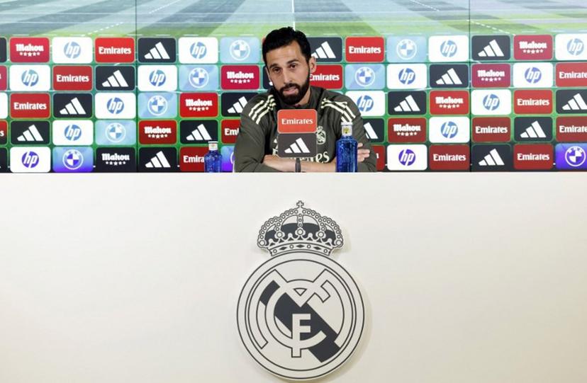 Real Madrid's coach Alvaro Arbeloa gives a press conference on the eve of the Spanish league football match between FC Barcelona and Real Madrid CF, at Real Madrid Sports City in Valdebebas, in the outskirts of Madrid, on May 9, 2026.  OSCAR DEL POZO / AFP