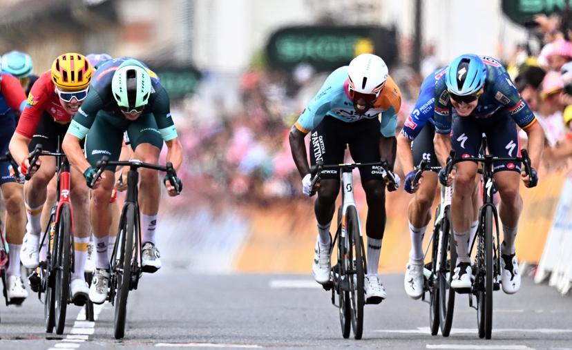 Danish Mads Pedersen of Lidl-Trek, Eritrean Biniam Girmay of NSN Cycling Team and Belgian Tim Merlier of Soudal Quick-Step sprint to the finish of stage 5 of the 2026 Tour de France cycling race, a stage of 158km from Lannemezan to Pau, on Wednesday 08 July 2026. The 113th edition of the Tour de France starts on Saturday 4 July in Barcelona, Spain, and will finish in Paris, France on the 26th of July.  BELGA PHOTO JASPER JACOBS