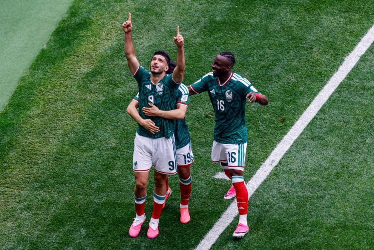Mexico's forward #09 Raul Jimenez celebrates scoring his team's second goal during the 2026 World Cup Group A football match between Mexico and South Africa at the Mexico City Stadium in Mexico City on June 11, 2026.  Rodrigo OROPEZA / AFP