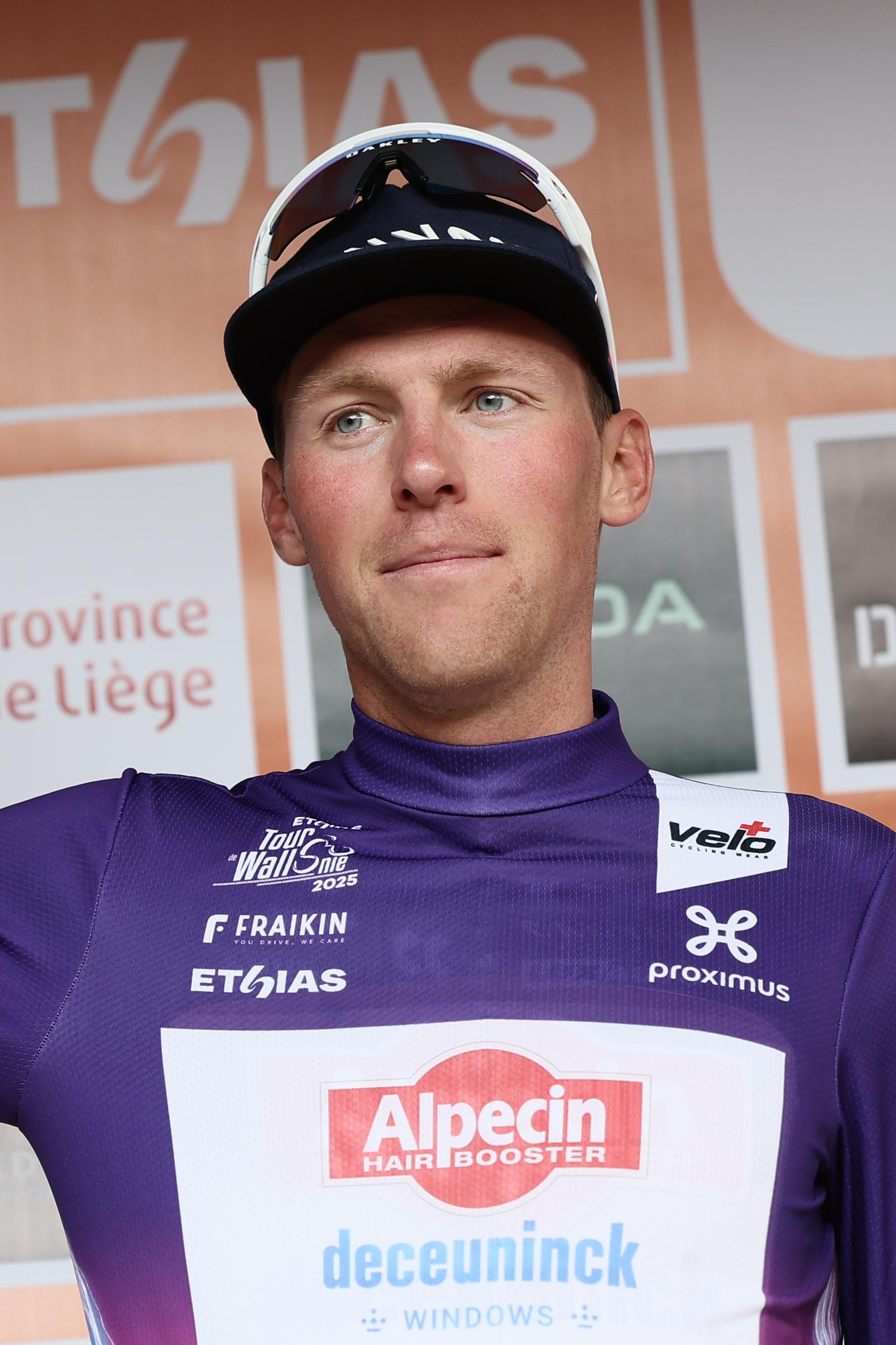 Belgian Timo Kielich of Alpecin-Deceuninck pictured on the podium after the second stage of the Tour De Wallonie cycling race, from Huy to Sambreville (153km), on Sunday 27 July 2025. BELGA PHOTO BRUNO FAHY