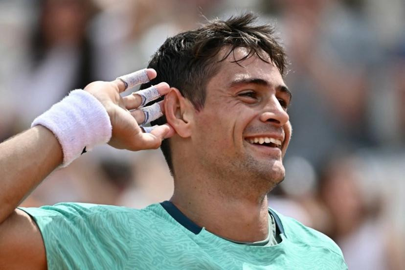 Argentine's Mariano Navone celebrates after winning the first set against Canada's Felix Auger Aliassime during the ATP Rome Open tennis tournament at Foro Italico in Rome on May 9, 2026.   Filippo MONTEFORTE / AFP