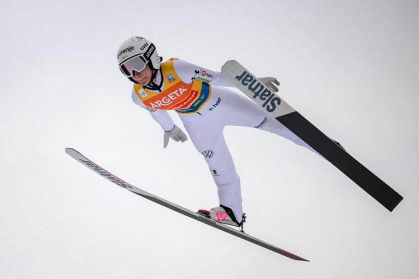 Slovenia's Nika Prevc competes during the first round of the Women's Individual Flying Hill competition of the FIS Ski Jumping World Cup in Planica on March 28, 2026.  Jure Makovec / AFP