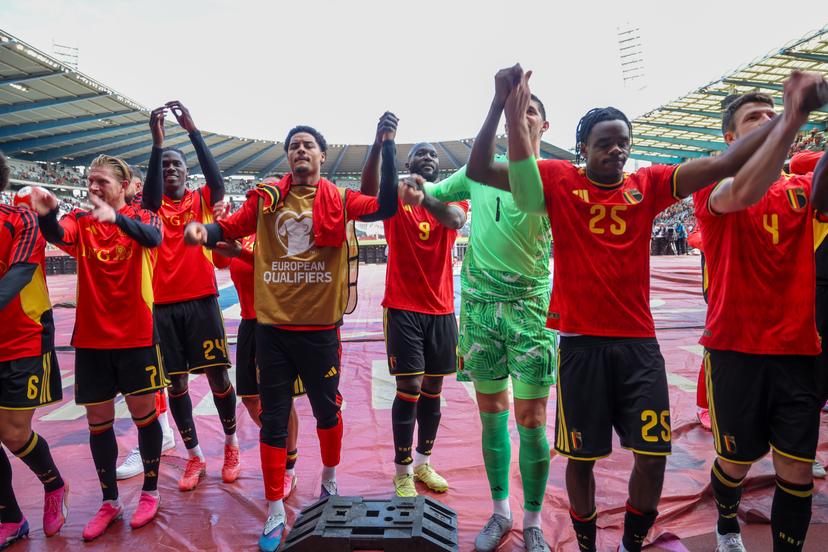 Belgium's players celebrate after winning a friendly soccer game between Belgian national team Red Devils and Tunisia, Saturday 06 June 2026 in Brussels, part of the preparations for the 2026 FIFA World Cup. BELGA PHOTO VIRGINIE LEFOUR