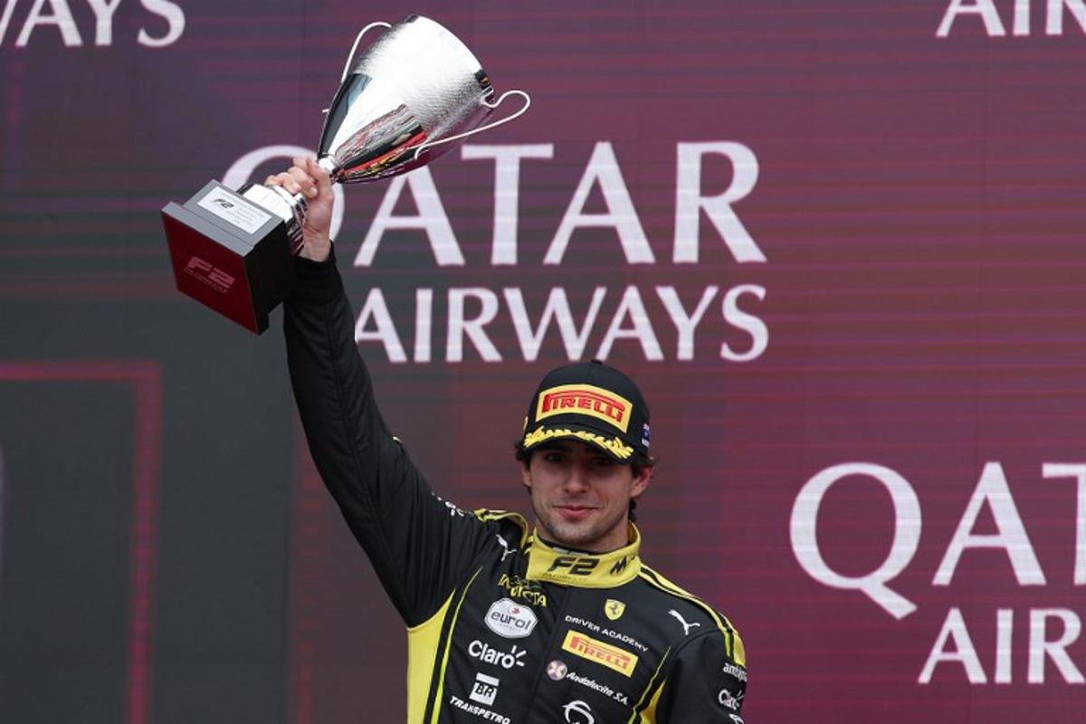 Second placed Invicta Rasing's Rafael Camara of Brazil celebrates on the podium after the Round 1 Melbourne Feature Race of the Formula 2 Championship at Albert Park Circuit on March 8, 2026, ahead of the Formula One Australian Grand Prix.  Martin KEEP / AFP