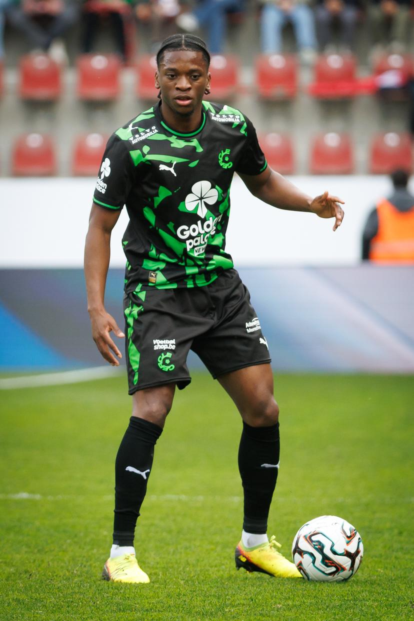 Cercle's Flavio Basilua Jacinto Nazinho pictured during a soccer match between SV Zulte Waregem and Cercle Brugge, Saturday 04 April 2026 in Waregem, on the first day of the Relegation Play-offs of the 2025-2026 'Jupiler Pro League' first division of the Belgian championship. BELGA PHOTO KURT DESPLENTER