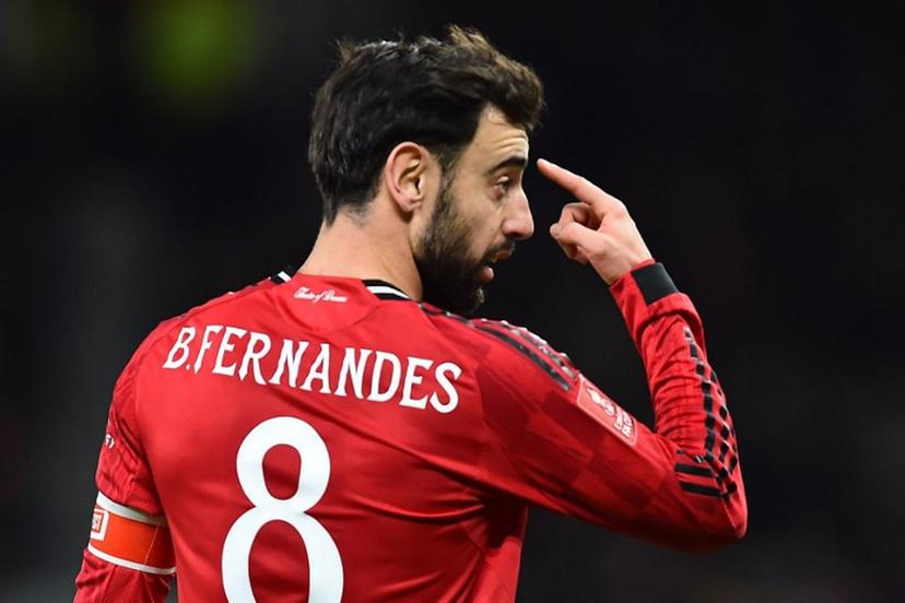Manchester United's Portuguese midfielder #08 Bruno Fernandes gestures during the English FA Cup third round football match between Manchester United and Brighton and Hove Albion at Old Trafford Stadium in Manchester, north west England, on January 11, 2026.  PETER POWELL / AFP