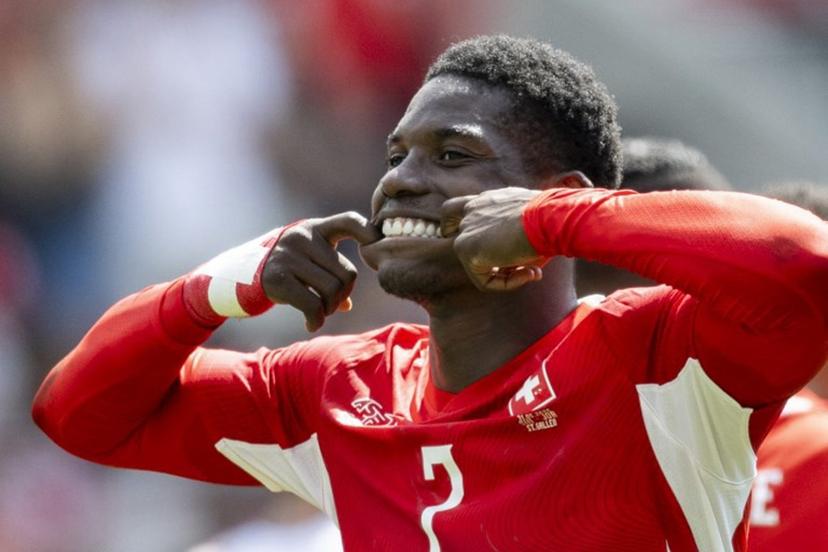 Switzerland's forward #7 Breel Embolo celebrates scoring his team's first goal during a friendly football match between Switzerland and Jordan ahead of the 2026 FIFA World Cup football tournament at the Kybunpark stadium in St. Gallen on May 31, 2026.  Ennio LEANZA / AFP
