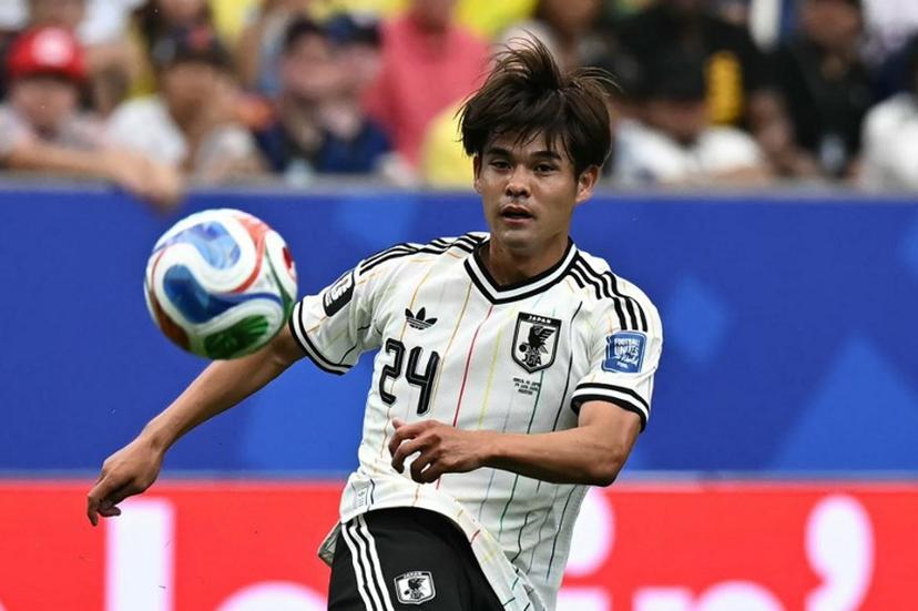Japan's midfielder #24 Kaishu Sano eyes the ball  during the 2026 World Cup round of 32 football match between Brazil and Japan at the Houston Stadium in Houston on June 29, 2026.   Paul ELLIS / AFP
