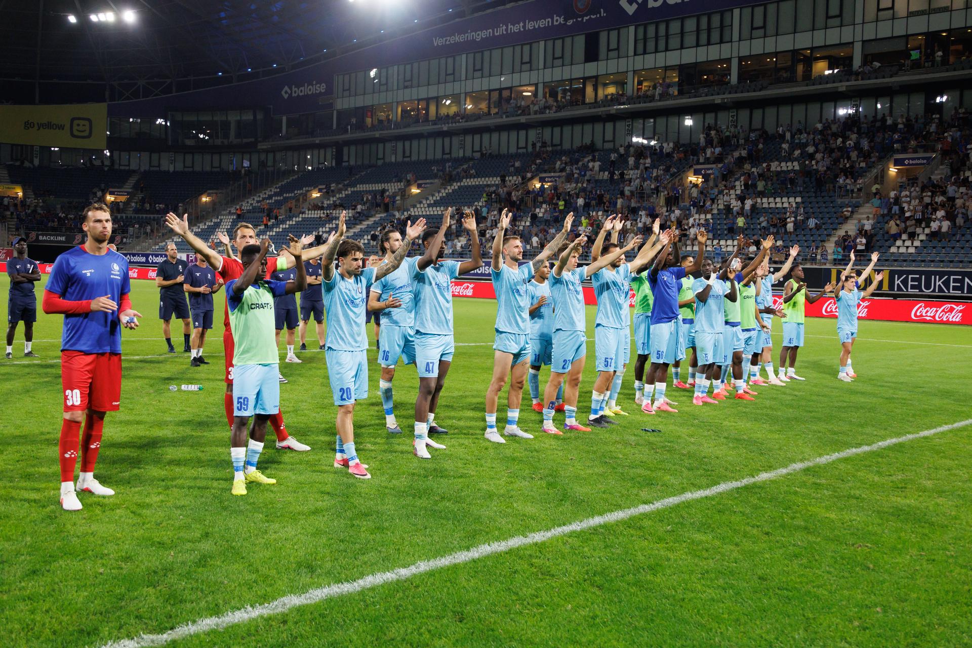 Gent's players celebrate after a game between Belgian KAA Gent and Swedish IFK Goteborg , in Gent, Belgium, on Thursday 13 August 2026, a return leg game in the third qualifying round of the UEFA Conference League competition.  Gent won 0-1 the first leg. BELGA PHOTO KURT DESPLENTER