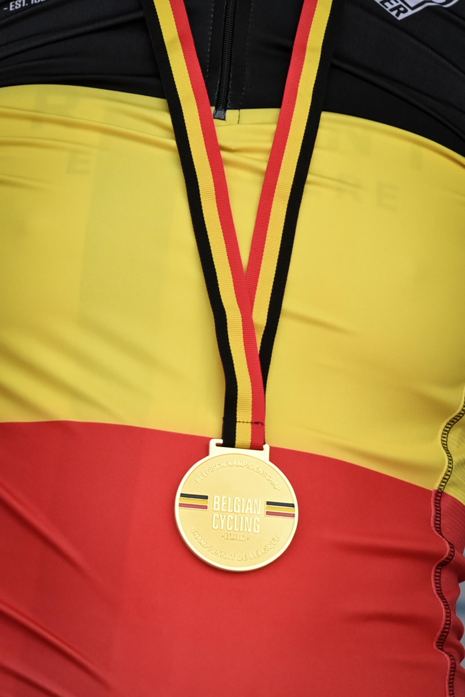 Illustration picture shows the gold medail pictured after the women's elite individual time trial race of 23km at the Belgian championships, in Gavere, Thursday 23 June 2022. BELGA PHOTO DAVID STOCKMAN