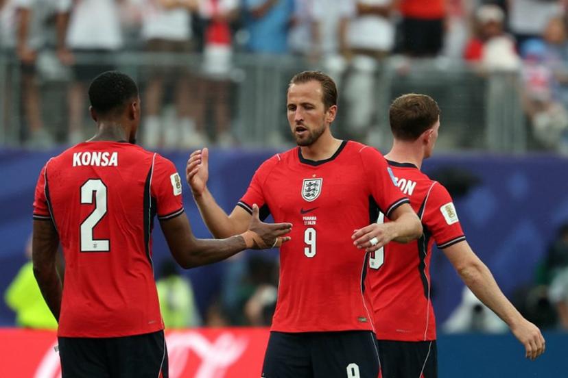 England's forward #09 Harry Kane greets England's defender #02 Ezri Konsa at the end of the 2026 World Cup Group L football match between Panama and England at the New York/New Jersey Stadium in East Rutherford on June 27, 2026.   FRANCK FIFE / AFP