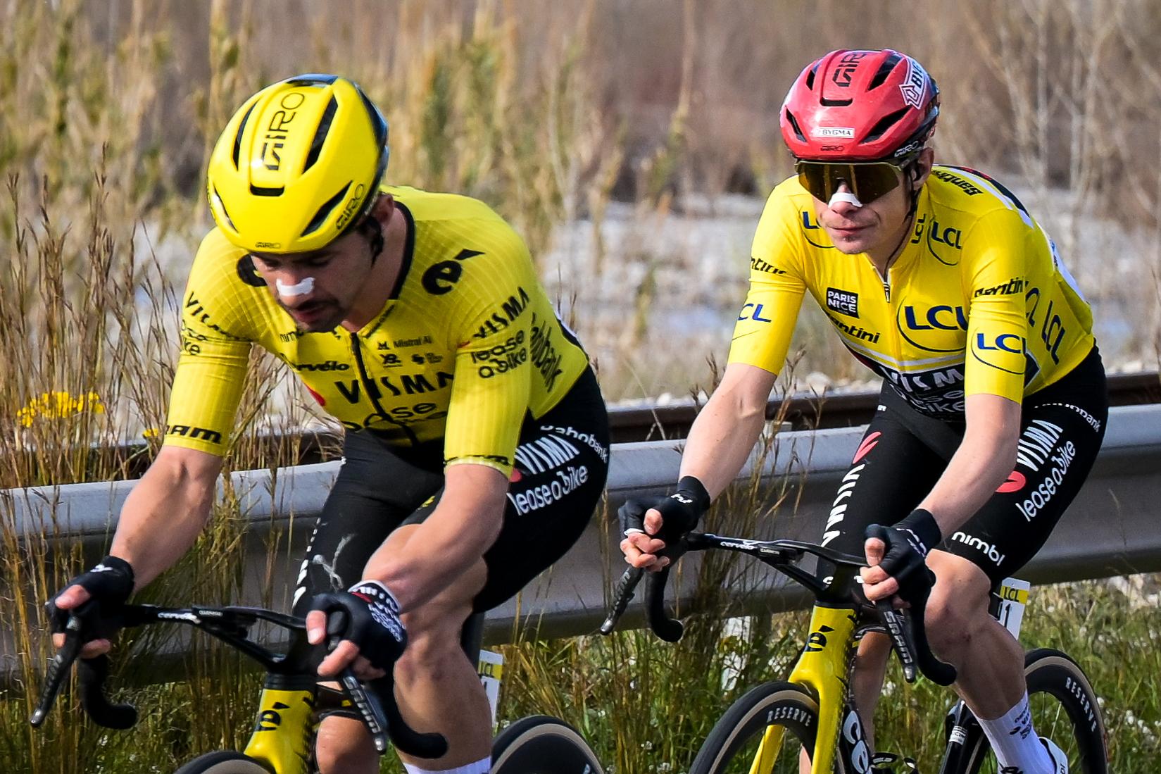 Belgian Victor Campenaerts of Team Visma-Lease a Bike and Danish Jonas Vingegaard of Team Visma-Lease a Bike pictured in action during the final stage of 84th edition of the Paris-Nice cycling race, a race from Nice to Nice (129,2 km), on Sunday 15 March 2026. BELGA PHOTO DAVID PINTENS