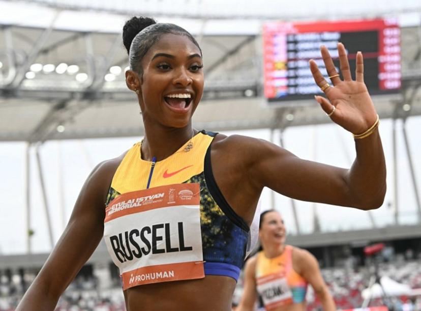 US' Masai Russell celebrates winning the women's 100m hurdles competition of the Gyulai Istvan Memorial Athletics Grand Prix in Budapest, Hungary on July 14, 2026.  Attila KISBENEDEK / AFP
