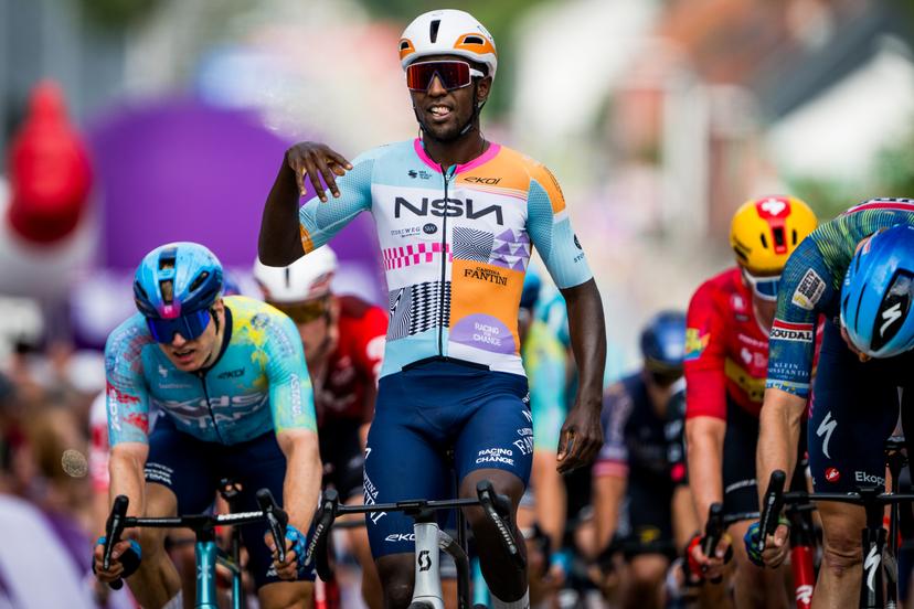 Eritrean Biniam Girmay of NSN Cycling Team celebrates as he crosses the finish line to win stage 1 of the Baloise Belgium Tour cycling race, 187,9 km with start and finish in Scherpenheuvel-Zichem, Wednesday 17 June 2026. The Baloise Belgium Tour takes place from 17 to 21 June. BELGA PHOTO JASPER JACOBS