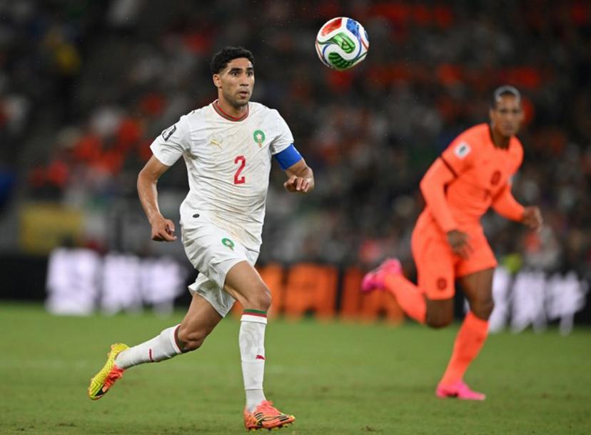 Morocco's defender #02 Achraf Hakimi eyes on the ball during the 2026 World Cup round of 32 football match between the Netherlands and Morocco at the Monterrey Stadium in Guadalupe on June 29, 2026.   CARL DE SOUZA / AFP