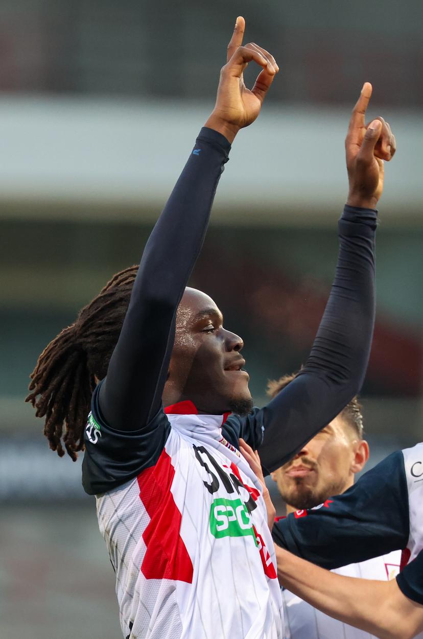 Liege's Frederic Soelle Soelle celebrates after scoring during a soccer game between RWDM Brussels and RFC Liege, Sunday 21 December 2025 in Brussels, on day 19 of the 2025-2026 'Challenger Pro League' 1B second division of the Belgian championship. BELGA PHOTO VIRGINIE LEFOUR