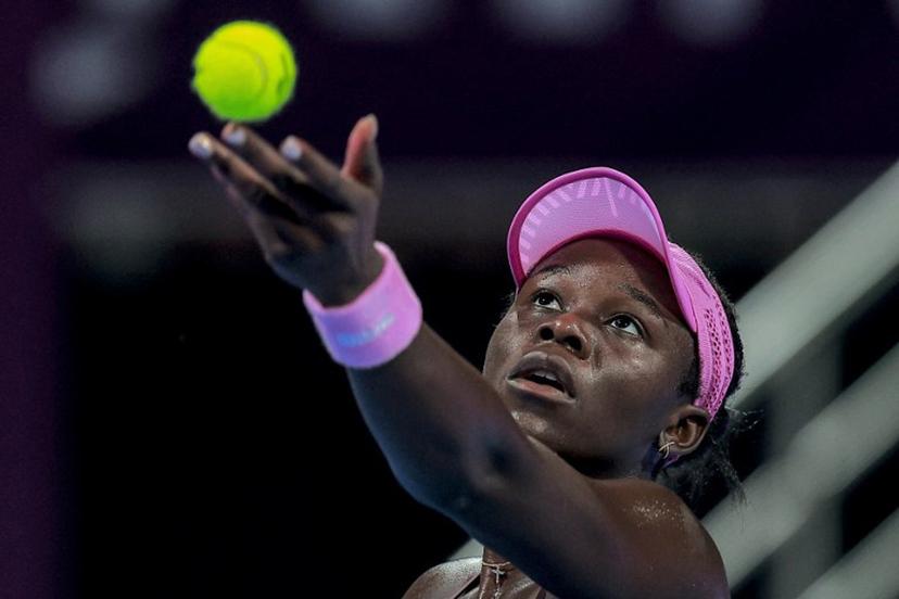 Canada's Victoria Mboko serves to Czech Republic's Karolina Muchova during their women's singles final match at the Qatar Open tennis tournament in Doha on February 14, 2026.  Karim JAAFAR / AFP