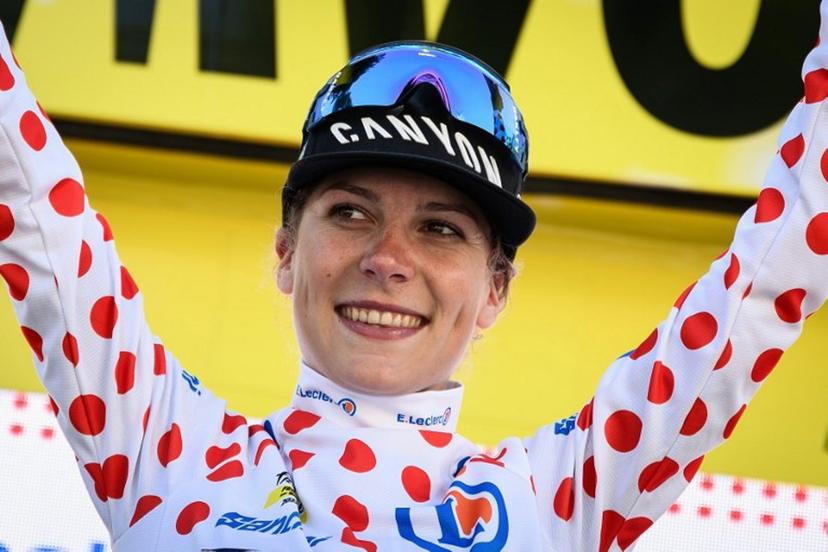 Fenix-Deceuninck's Dutch rider Yara Kastelijn celebrates on the podium with the best climber's dotted jersey at the end of the fifth stage (out of 8) of the second edition of the Women's Tour de France cycling race 126,5 km between Onet-Le-Chateau and Albi, south-western France, on July 27, 2023.  Jeff PACHOUD / AFP