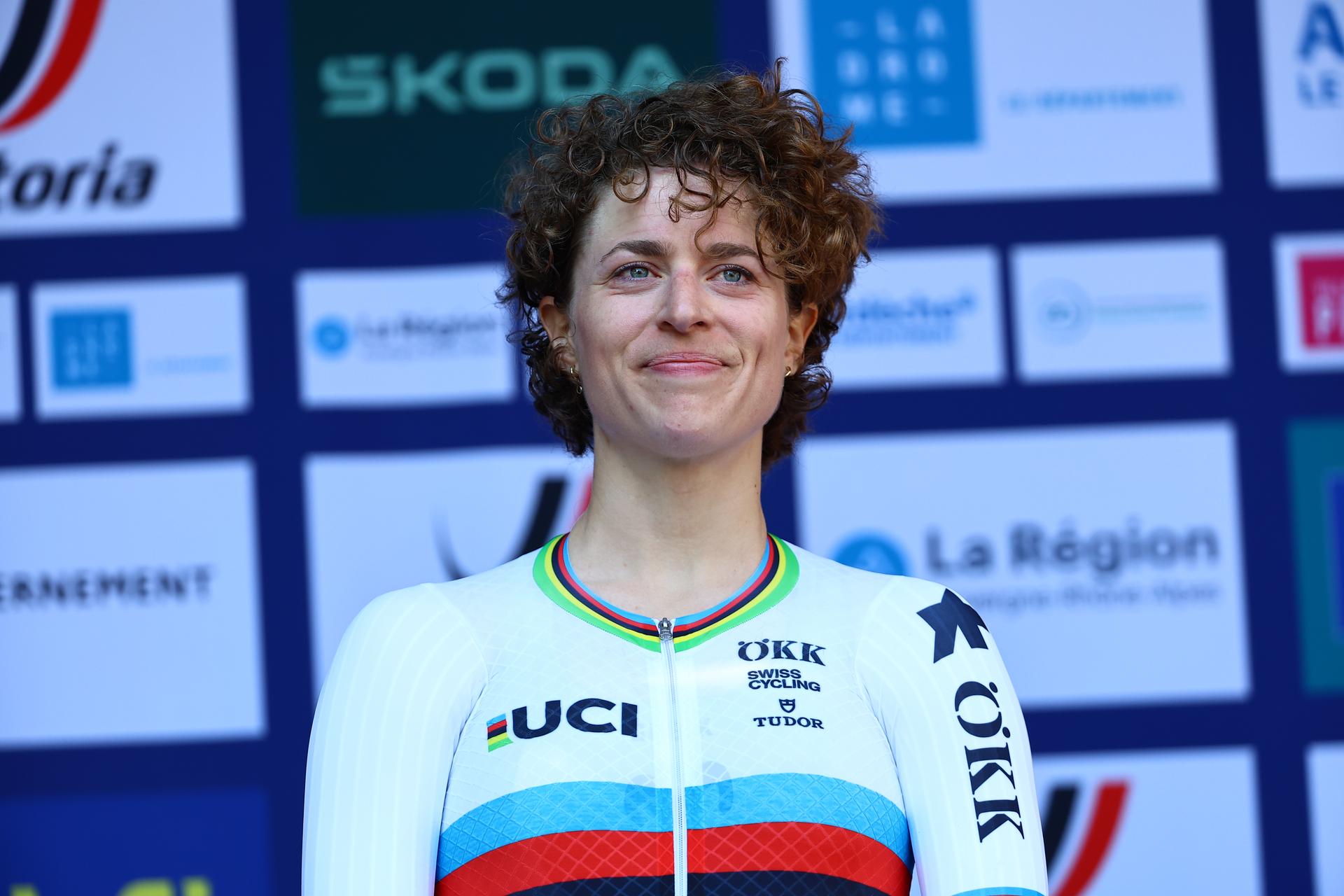 Swiss Marlen Reusser of Movistar Team pictured on the podium after winning the 24 km time trial of the Women Elite category at the UEC road European cycling championships, Wednesday 01 October 2025, in Loriol-sur-Drome, France. The European cycling championships Drome-Ardeche takes place from 1 to 5 October, France. BELGA PHOTO DAVID PINTENS