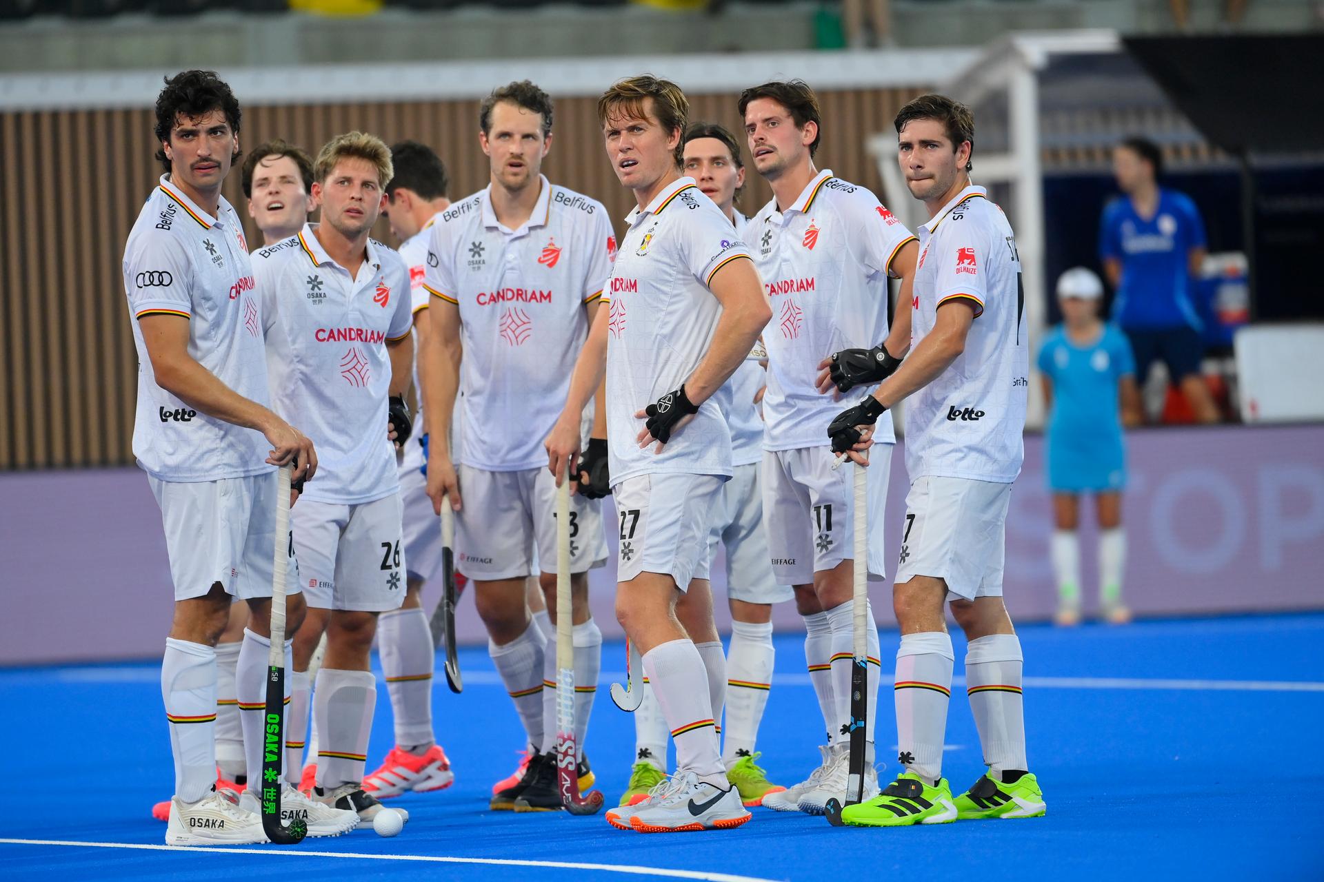 Belgium's players and look the VAR during a hockey game between Belgian national team Red Lions and The Netherlands, Saturday 27 June 2026 in Wavre, match 15/16 in the group stage of the men's FIH Pro League competition. BELGA PHOTO JOHN THYS