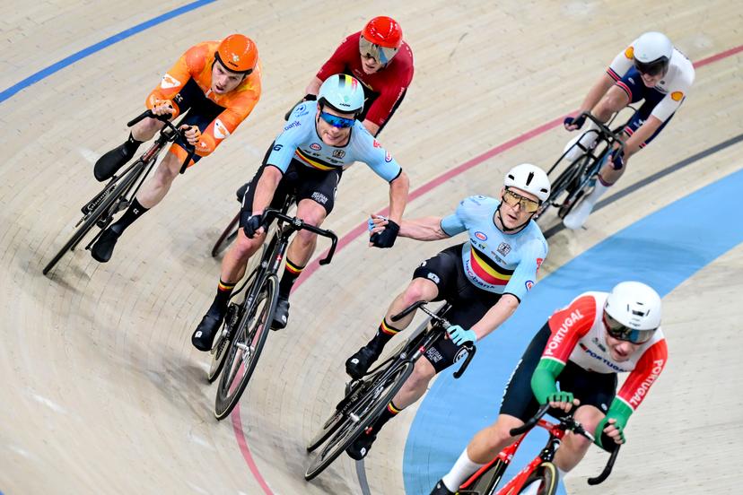 Belgian Jules Hesters and Belgian Jasper De Buyst pictured in action during the men's Madison final at the fifth and last day of the 2026 UEC Track Elite European Championships, in Konya, Turkey, Thursday 05 February 2026. The European Championships take place from 01 to 05 February 2026. BELGA PHOTO DIRK WAEM