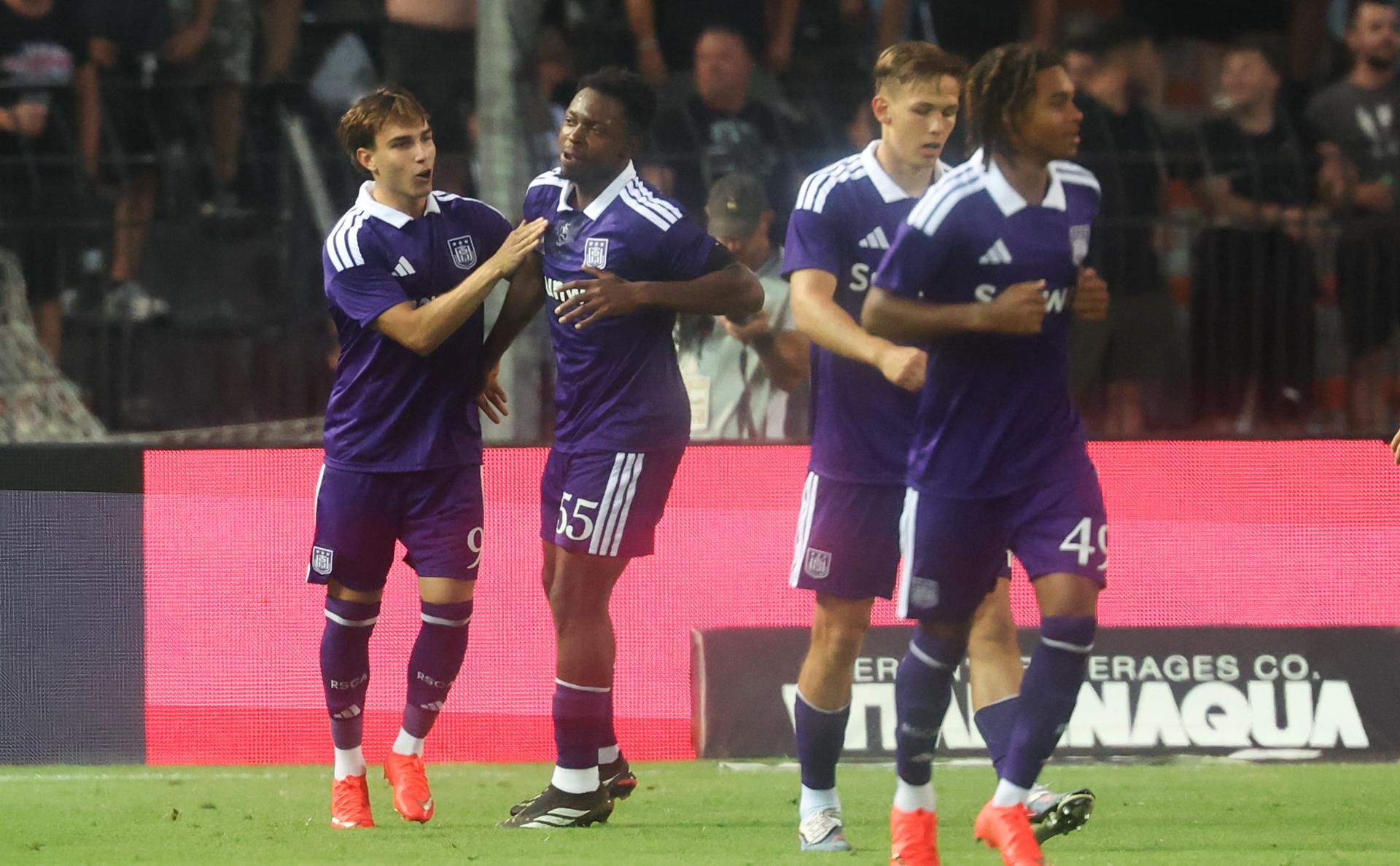 Anderlecht's Mihajlo Cvetkovic celebrates after scoring during at  a game between Belgian first division soccer team RSC Anderlecht and Greek club Paok, in Thessaloniki, Greece, on Wednesday 05 August 2026. This is the first leg of a third qualifying round of the UEFA Europa League competition. BELGA PHOTO VIRGINIE LEFOUR