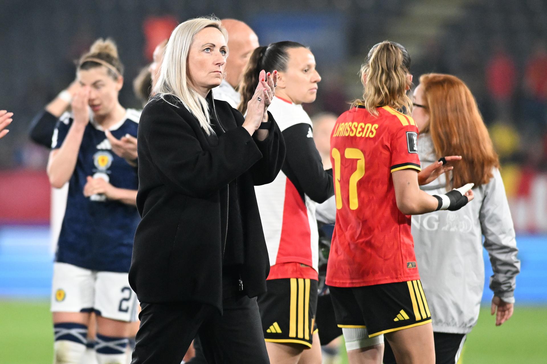 Belgium's head coach Elisabet Gunnarsdottir greets the public after a soccer game between Belgium's national women's team the Red Flames and Scotland, on Saturday 18 April 2026 in Leuven, in the fourth of six games of the qualifiers for the 2027 FIFA Women's World Cup. BELGA PHOTO JILL DELSAUX