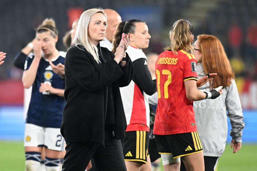 Belgium's head coach Elisabet Gunnarsdottir greets the public after a soccer game between Belgium's national women's team the Red Flames and Scotland, on Saturday 18 April 2026 in Leuven, in the fourth of six games of the qualifiers for the 2027 FIFA Women's World Cup. BELGA PHOTO JILL DELSAUX