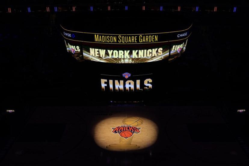 The court is seen ahead of Game 1 of the NBA Finals between the New York Knicks and the San Antonio Spurs as fans arrive to watch the match on a screen at Madison Square Garden in New York City on June 3, 2026.  TIMOTHY A. CLARY / AFP