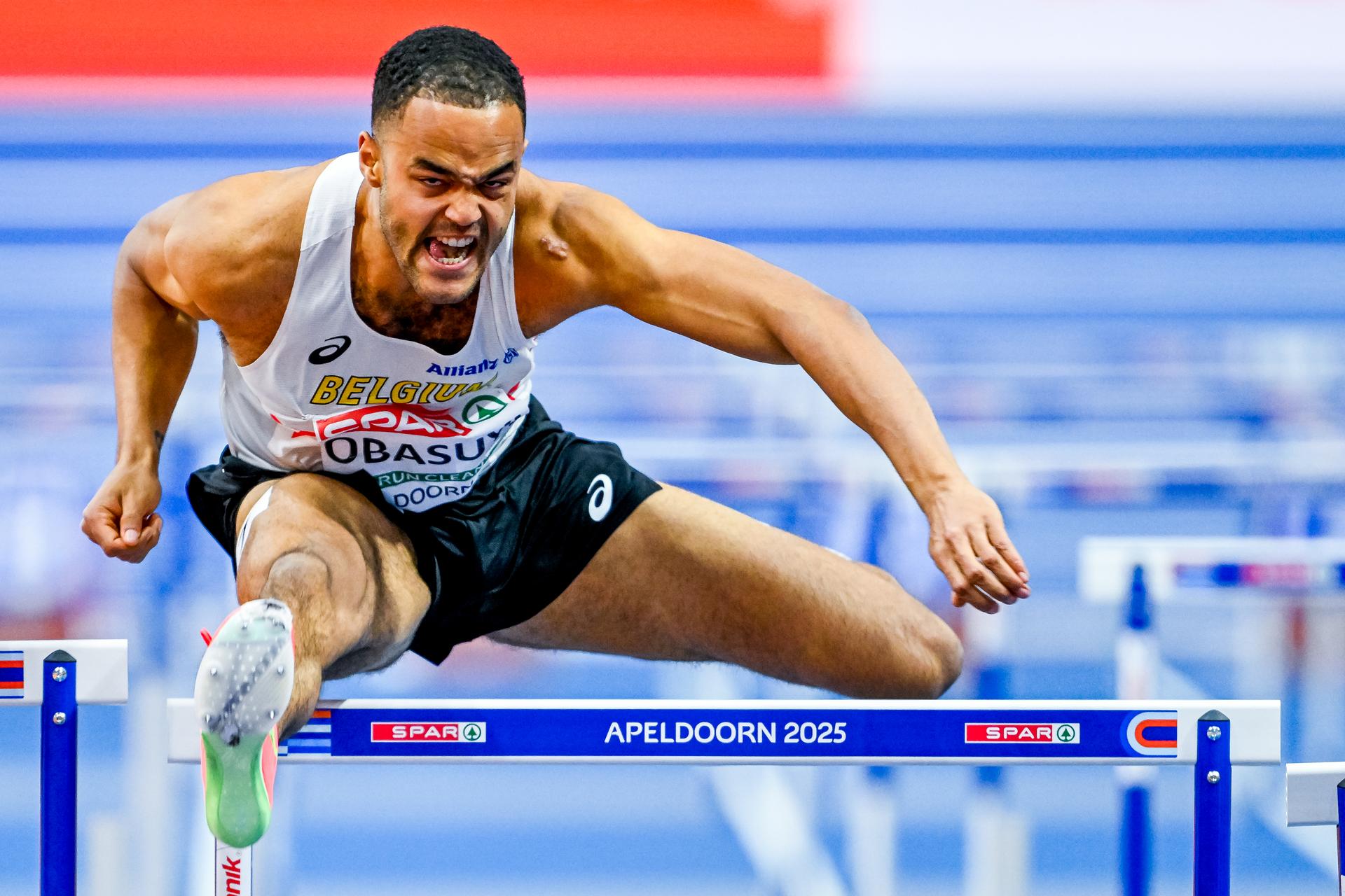 Belgian Michael Obasuyi pictured in action during the men's 60m hurdles, at the European Athletics Indoor Championships, in Apeldoorn, The Netherlands, Friday 07 March 2025. The championships take place from 6 to 9 March. BELGA PHOTO ERIC LALMAND