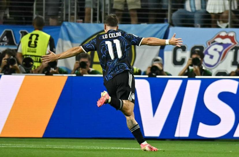 Argentina's midfielder #11 Giovani Lo Celso celebrates scoring his team's first goal during the 2026 World Cup Group J football match between Jordan and Argentina at the Dallas Stadium in Arlington on June 27, 2026.   Paul ELLIS / AFP