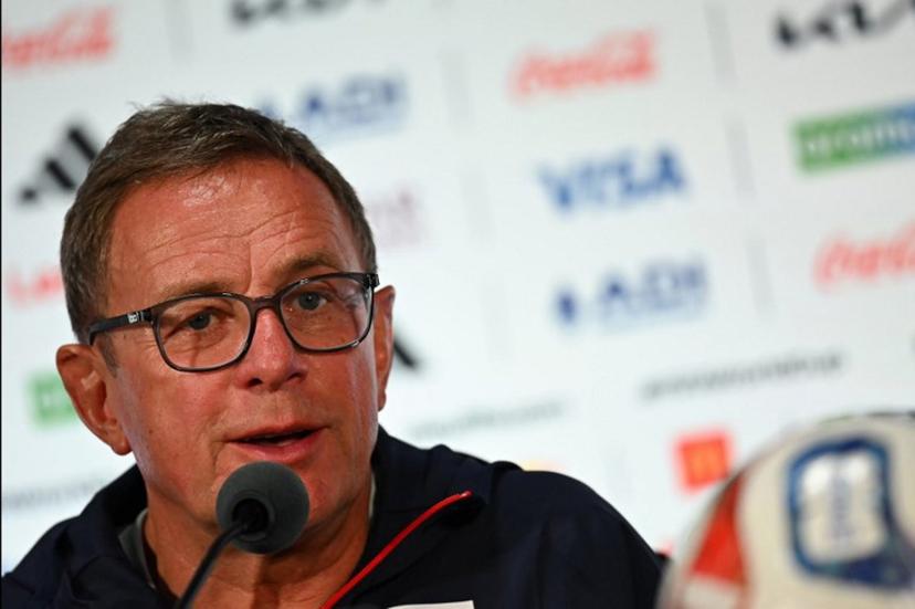 Austria's German head coach Ralf Rangnick gives an MD-1 press conference at the Dallas Stadium in Arlington on June 21, 2026, on the eve of the 2026 World Cup Group J football match between Argentina and Austria.  Paul ELLIS / AFP
