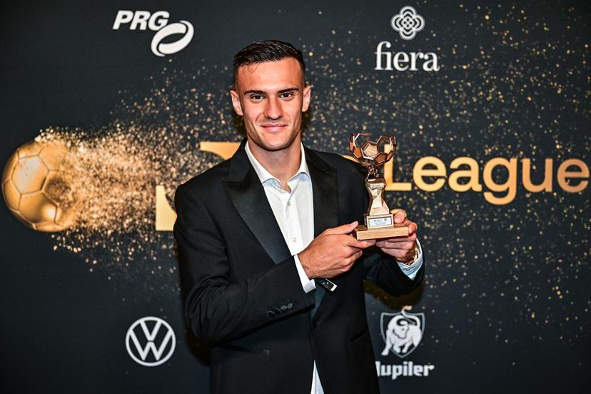 Club's Aleksandar Stankovic celebrates after the Pro League Awards 2026, for the best players in the 1st and 2nd divisions of the 2025-2026 Belgian soccer championships, on Monday 25 May 2026, in Antwerp. BELGA PHOTO DIRK WAEM