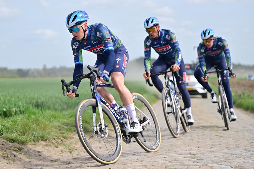 Belgian Tim Merlier of Soudal Quick-Step and Belgian Yves Lampaert of Soudal Quick-Step pictured in action during the reconnaissance of the track ahead of this year's Paris-Roubaix cycling race, Friday 10 April 2026, around Roubaix, France. The 123rd edition of Paris-Roubaix cycling races will take on Sunday, with the women riding 143,1 km the men riding 258,3 km on Sunday.  BELGA PHOTO DIRK WAEM