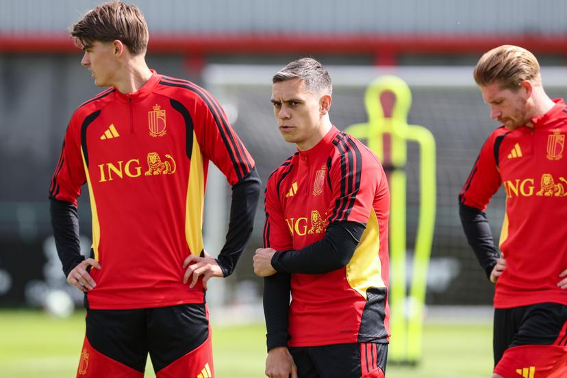 Belgium's Leandro Trossard (C) pictured during a training session of Belgian national soccer team Red Devils, in Brussels, on Friday 05 June 2026. The Red Devils are playing a friendly game against Tunisia tomorrow, part of the preparations for the 2026 FIFA World Cup. BELGA PHOTO BRUNO FAHY
