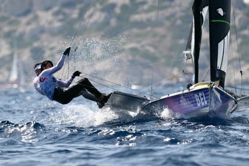 Belgium's duo Yannick Lefebvre and Jan Heuninck compete in race 10 of the men's 49er skiff event during the Paris 2024 Olympic Games sailing competition at the Roucas-Blanc Marina in Marseille on July 31, 2024.   Christophe SIMON / AFP