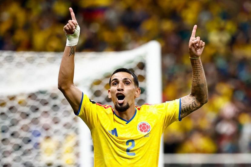 Colombia's defender #02 Daniel Munoz celebrates scoring his team's first goal during the 2026 World Cup Group K football match between Colombia and Democratic Republic of Congo at the Guadalajara Stadium in Zapopan on June 23, 2026.   Ulises RUIZ / AFP
