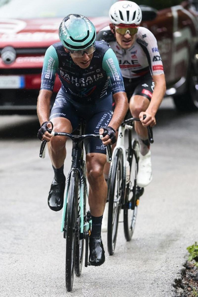Bahrain - Victorious Portuguese rider Afonso Eulalio (Front) and UAE Team Emirates - XRG Spanish rider Igor Arrieta ride in a breakaway during the 5th stage of the Giro d'Italia 2026 - Tour of Italy cycling race between Praia a Mare and Potenza, southern Italy on May 13, 2026.  Luca BETTINI / AFP