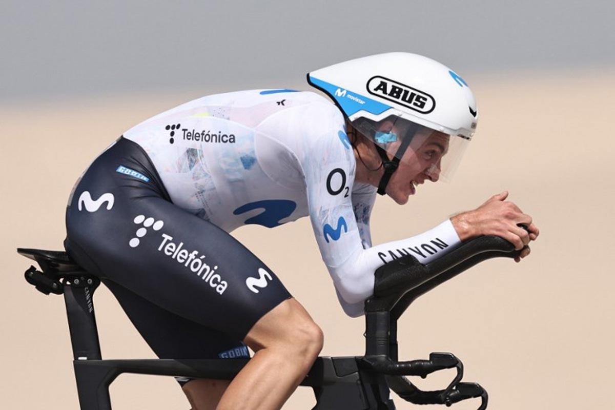 Movistar Team's Spanish rider Pablo Castrillo Zapater competes during the second stage of the UAE Tour cycling event on al-Hudayriyat Island in Abu Dhabi on February 17, 2026.  Fadel SENNA / AFP