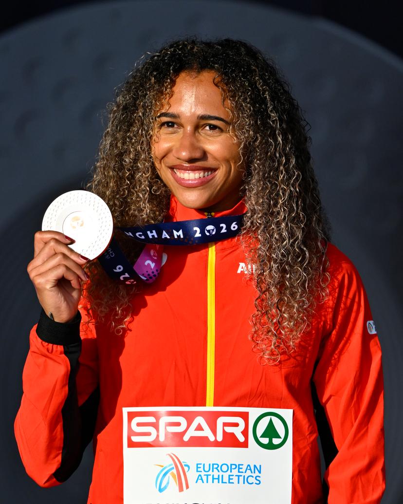 Belgian Delphine Nkansa , winner of the bronze medal in the women's 100m event, pictured on the podium of on the second day of the European Athletics Championships (August 10-18) in Birmingham, United Kingdom, on Tuesday 11 August 2026. BELGA PHOTO ERIC LALMAND