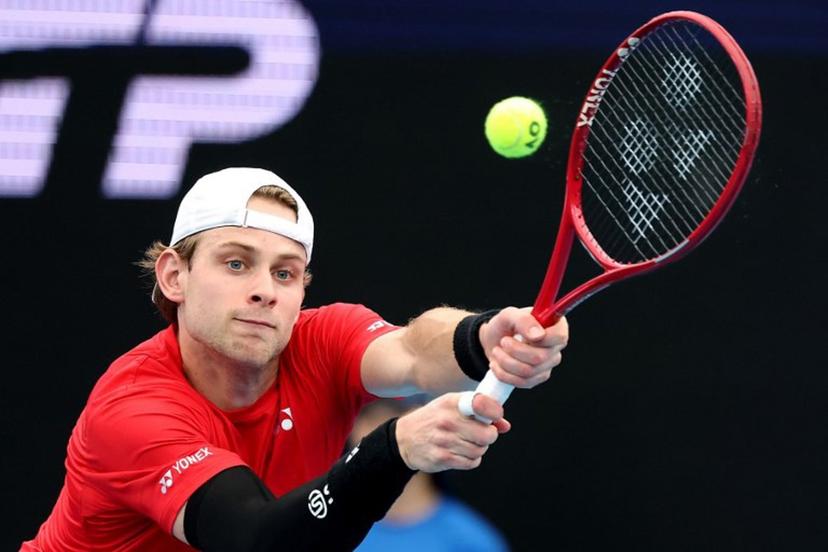 Belgium's Zizou Bergs hits a return to China's Zhang Zhizhen during their men's singles match at the United Cup tennis tournament on Ken Rosewall Arena in Sydney on January 3, 2026.  DAVID GRAY / AFP