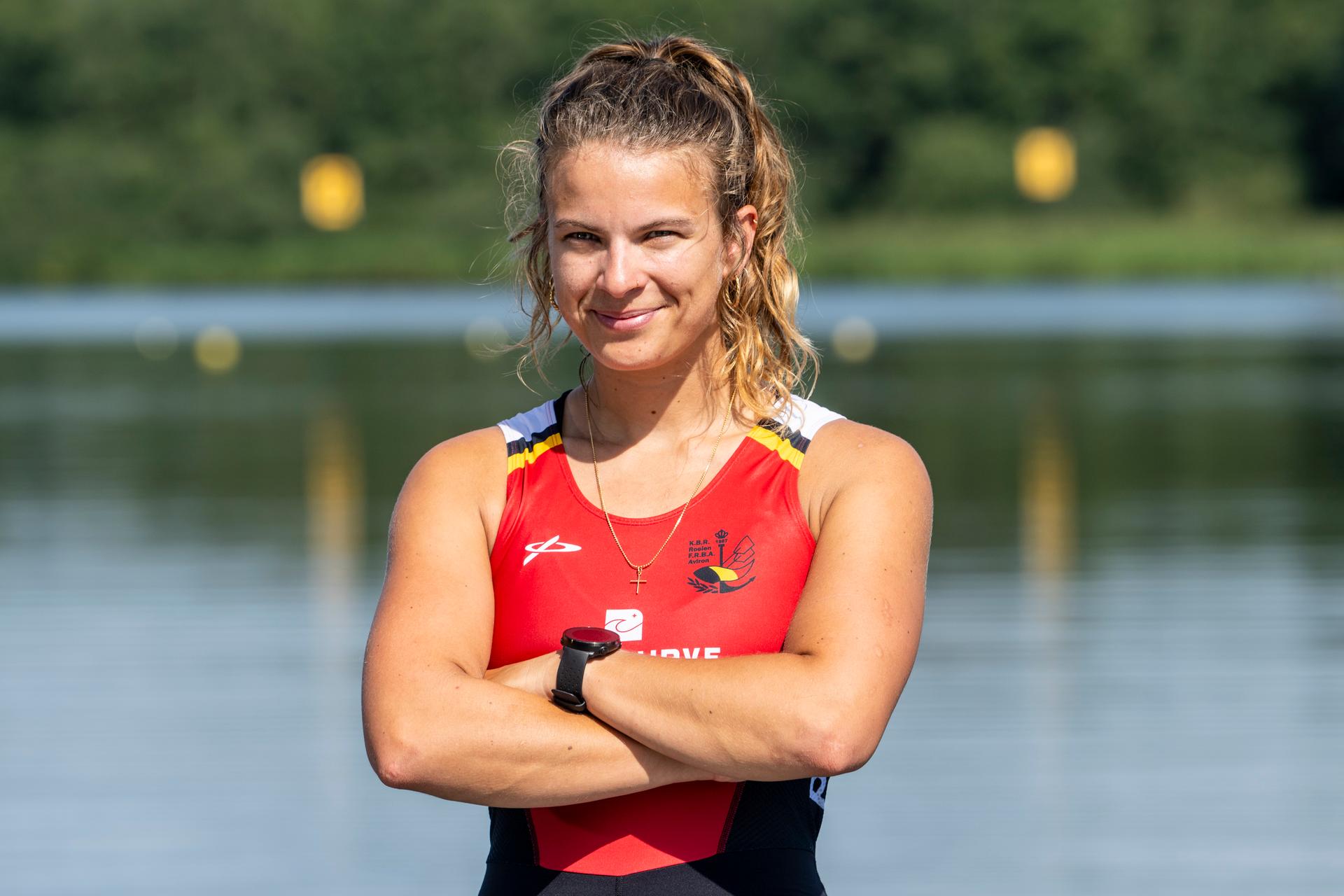 U23 Belgian Shark rower Mazarine Guilbert poses for the photographer at a press conference organized by the Vlaamse Roeiliga and Peddelsport Vlaanderen, ahead of the Olympic Games in Parijs 2024, Friday 11 August 2023 in Willebroek. During this press conference, the selection criteria and the athletes towards the Paris Olympics will be presented. BELGA PHOTO TOM GOYVAERTS
