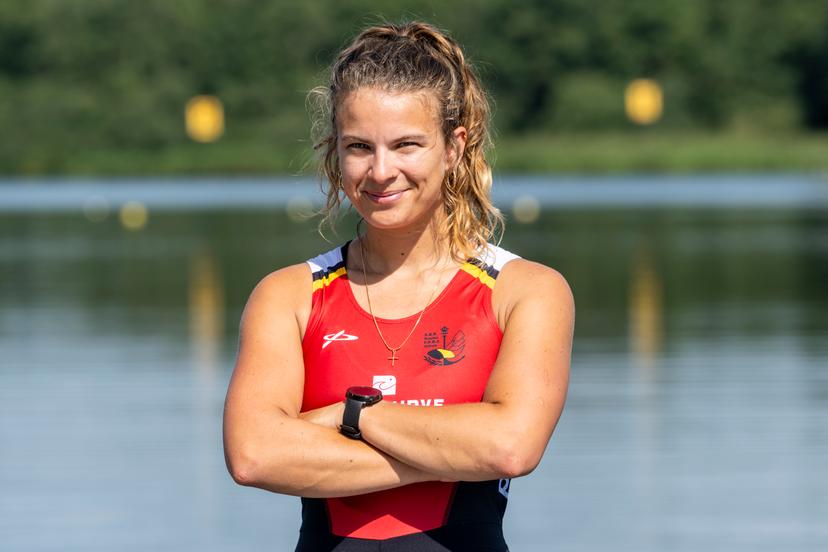 U23 Belgian Shark rower Mazarine Guilbert poses for the photographer at a press conference organized by the Vlaamse Roeiliga and Peddelsport Vlaanderen, ahead of the Olympic Games in Parijs 2024, Friday 11 August 2023 in Willebroek. During this press conference, the selection criteria and the athletes towards the Paris Olympics will be presented. BELGA PHOTO TOM GOYVAERTS