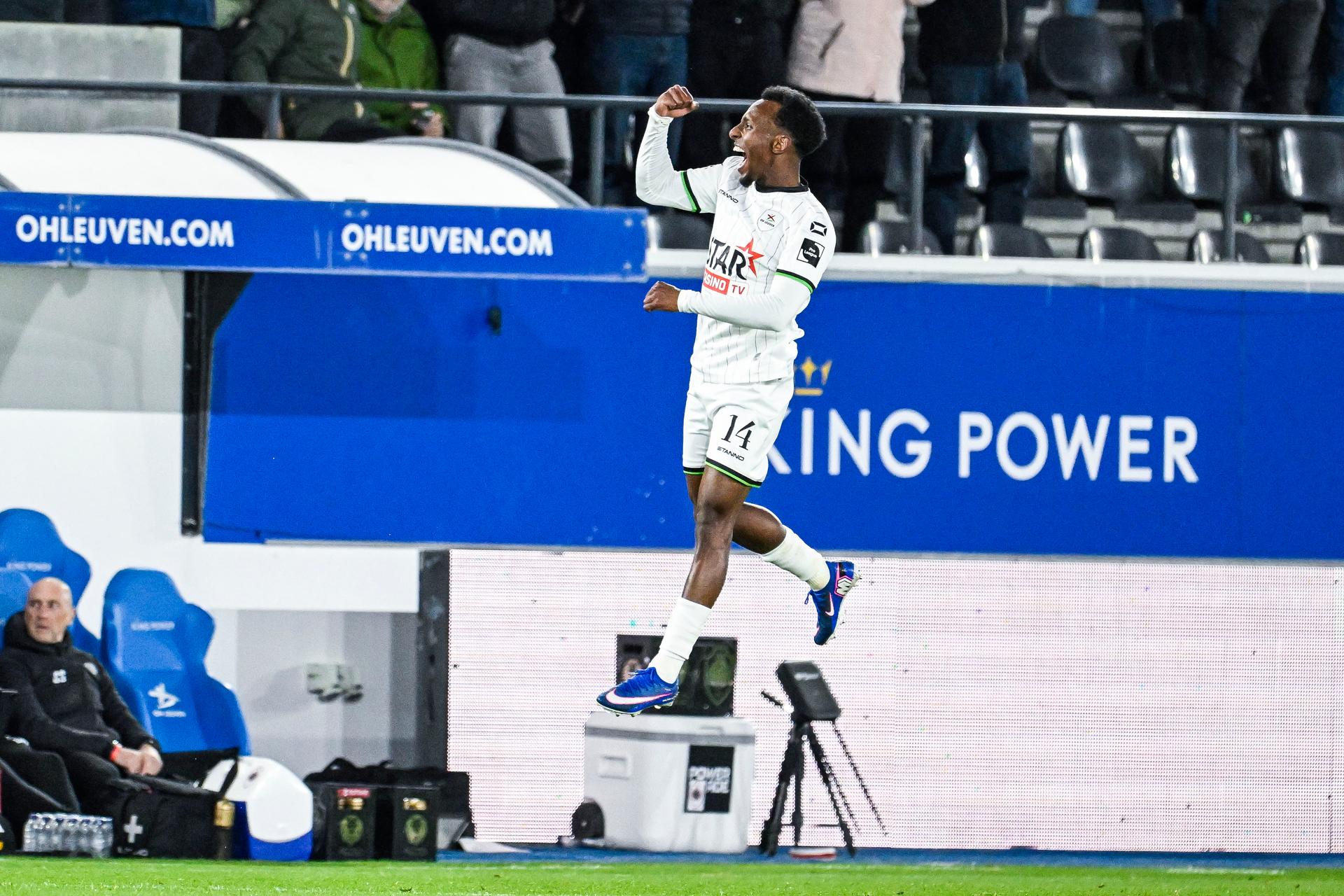 OHL's Henok Teklab celebrates after scoring during a soccer match between Oud-Heverlee Leuven and Royal Antwerp FC, Friday 15 May 2026 in Leuven, on day 8 of the Europe Play-offs (PO2) of the 2025-2026 'Jupiler Pro League' first division of the Belgian championship. BELGA PHOTO TOM GOYVAERTS