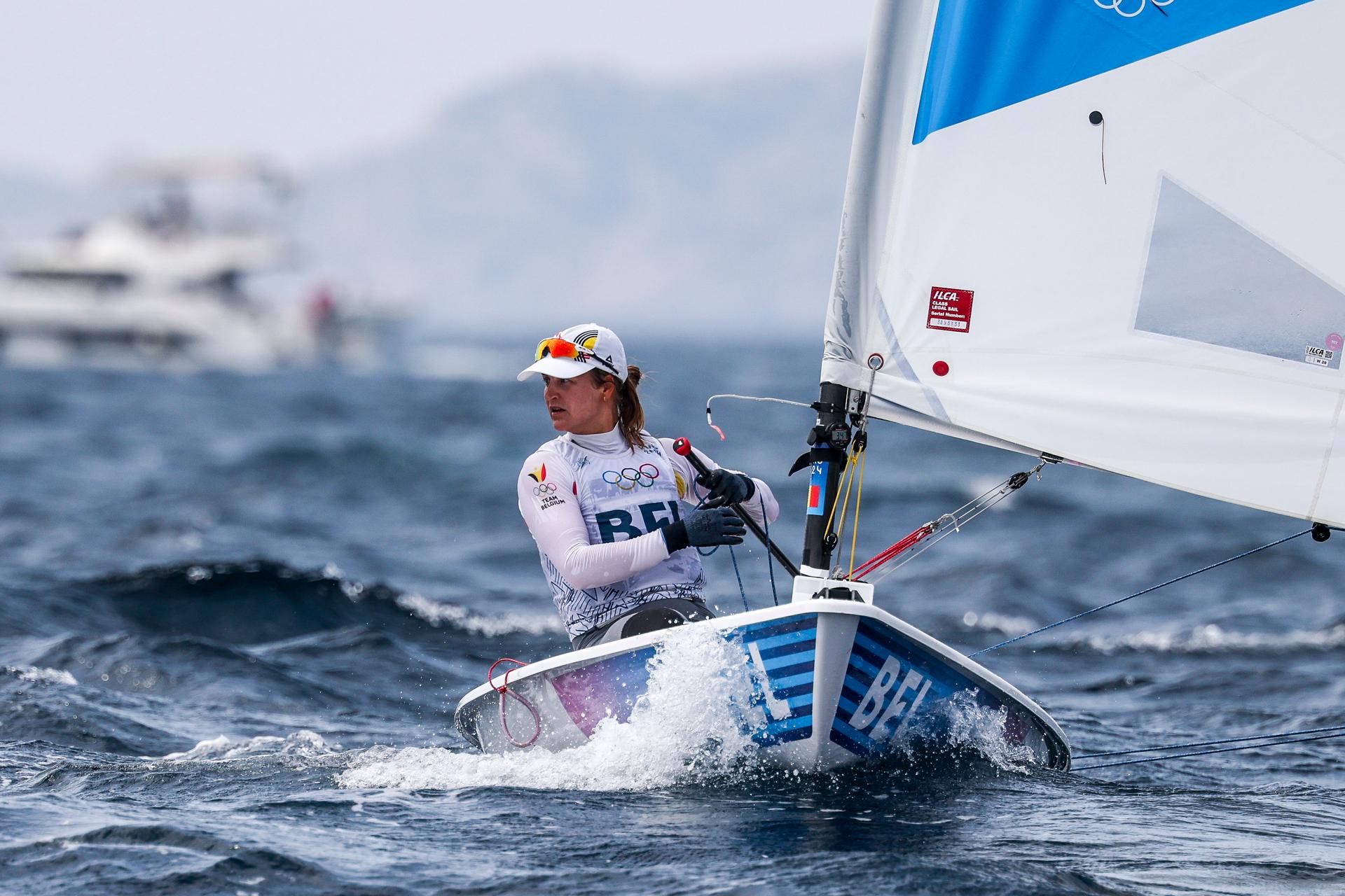 Emma PLASSCHAERT of Belgium in the Women's Dinghy medal race on day twelve of the Olympic Games Paris 2024 at Marseille Marina on August 07, 2024 in Marseille, France. (Photo by Johnny Fidelin/Icon Sport) *** BENELUX ONLY ***