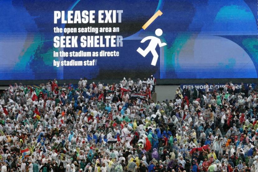 A screen shows an evacuation warning during the 2026 World Cup Group I football match between France and Iraq at the Philadelphia Stadium in Philadelphia on June 22, 2026.   FRANCK FIFE / AFP