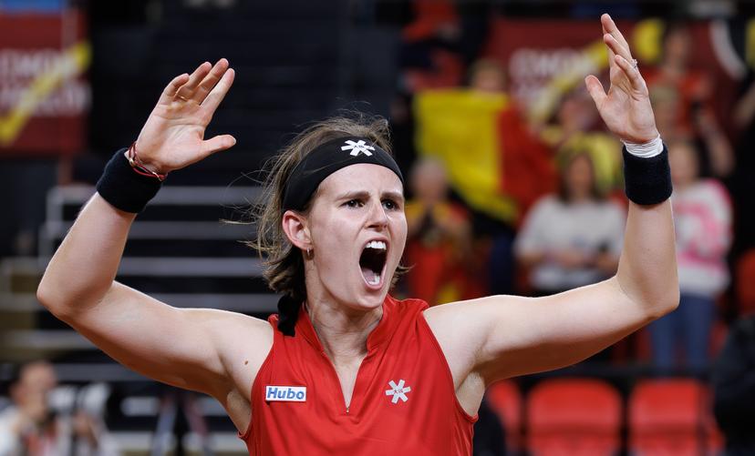 Belgian Greet Minnen celebrates winning her match the fourth game between Belgian Minnen and US' Jovic on the second day of the qualifiers of the Billie Jean King Cup tennis between Belgium and the USA, in Oostende, Belgium, on Saturday 11 April 2026. The meeting takes place on 10 and 11th April. PHOTO BENOIT DOPPAGNE
