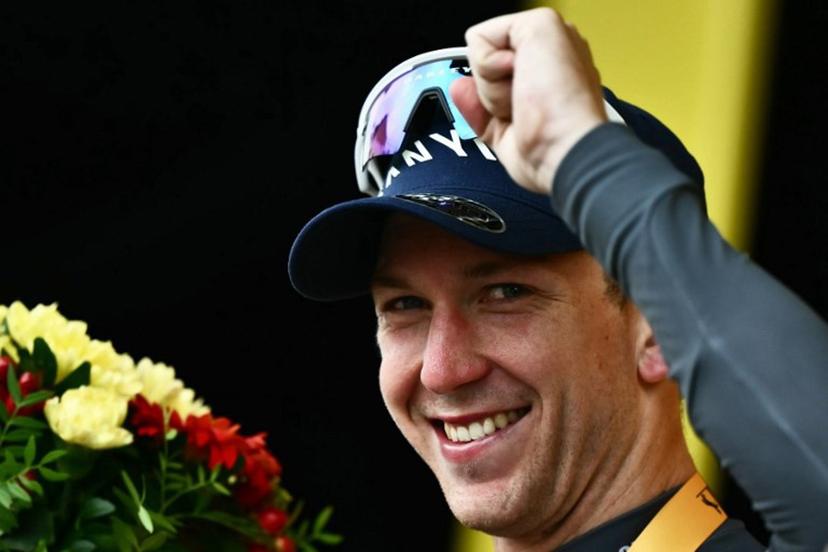 Alpecin - Deceuninck team's Australian rider Kaden Groves celebrates on the podium after winning the 20th stage of the 112th edition of the Tour de France cycling race, 184.2 km between Nantua and Pontarlier, in the Jura, eastern France, on July 26, 2025.  Marco BERTORELLO / AFP